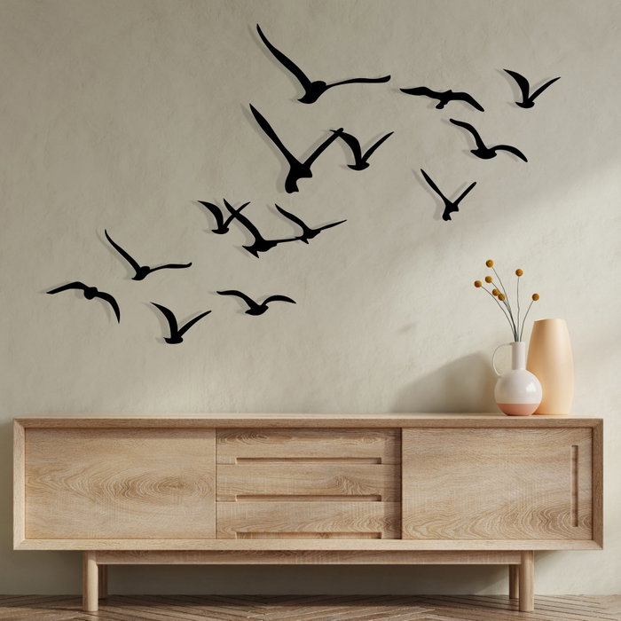 Wallity Migration - Escultura de pared de metal con 11 pájaros negros